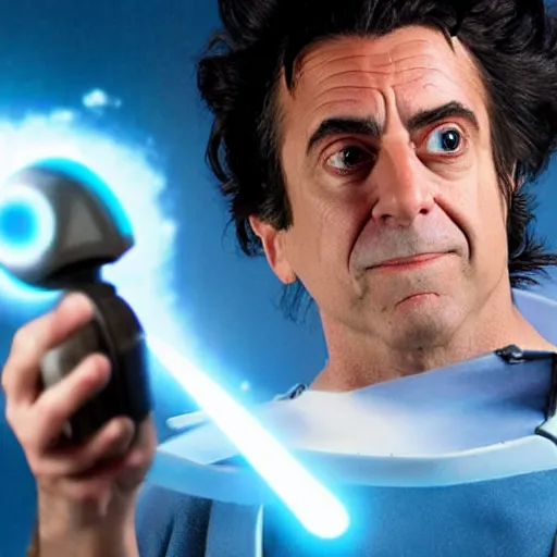 Image similar to Rick Sanchez as a real-life person, studio portrait, real-life-action movie star, holding a portal gun, opening a portal, Rick Sanchez