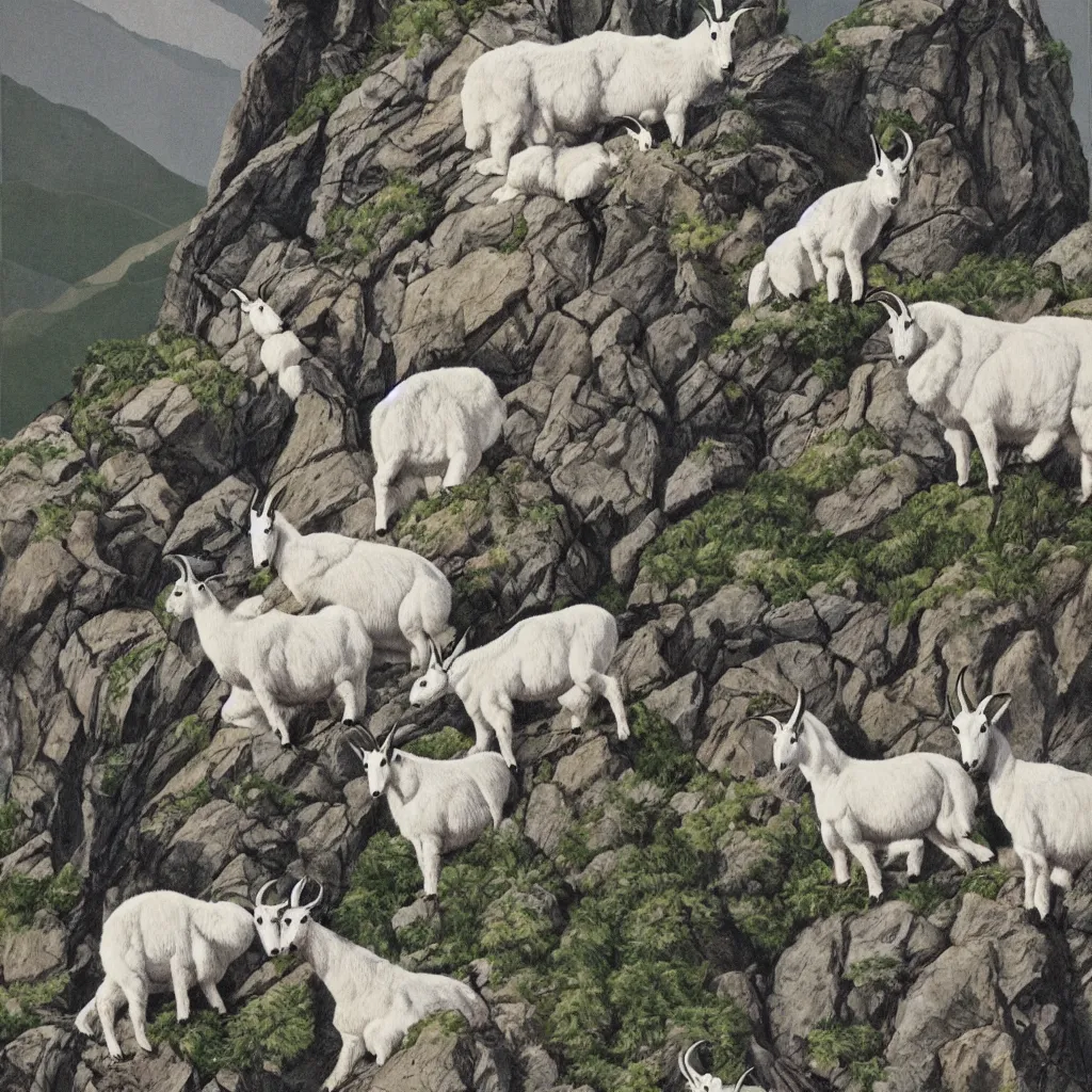 Image similar to mountain goats on a sheer cliffside, expressive, hyperrealism, photorealistic, lithography, fabric pattern