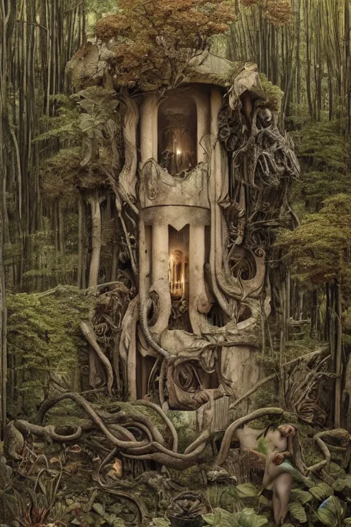 Prompt: a house in the forest by h. r giger, intricate, miles johnston, kuroda seiki, cynical realism, ozabu, john william godward, painterly, yoshitaka amano, moebius, miles johnston, louise zhang, james jean, mark ryden