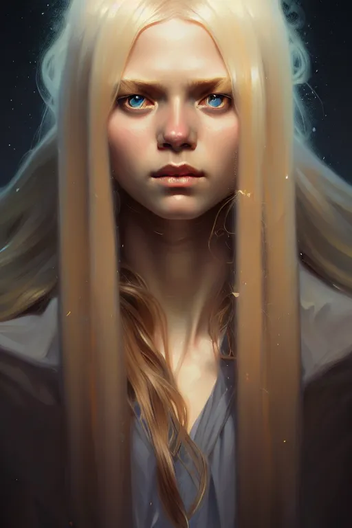 Image similar to Close-up portrait of young nordic girl, long blonde hair, dark fantasy, portrait, highly detailed, digital painting, artstation, concept art, sharp focus, illustration, art by artgerm and greg rutkowski and alphonse mucha