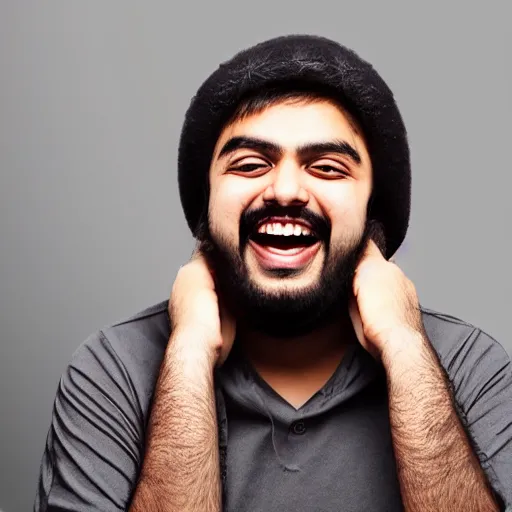 Prompt: Mutahar laughing, led lights, dark room