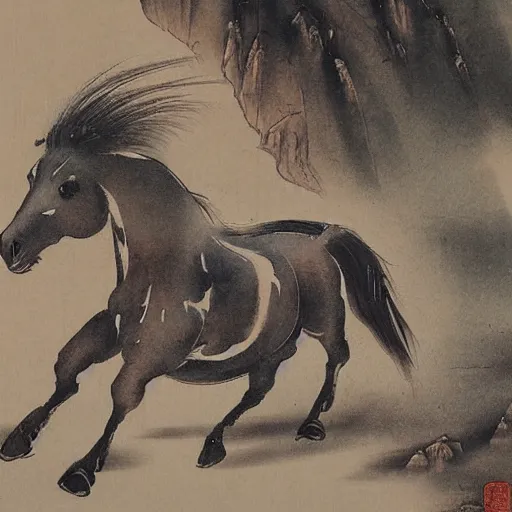 Image similar to a galloping wild horse, traditional chinese painting by xu-beihong