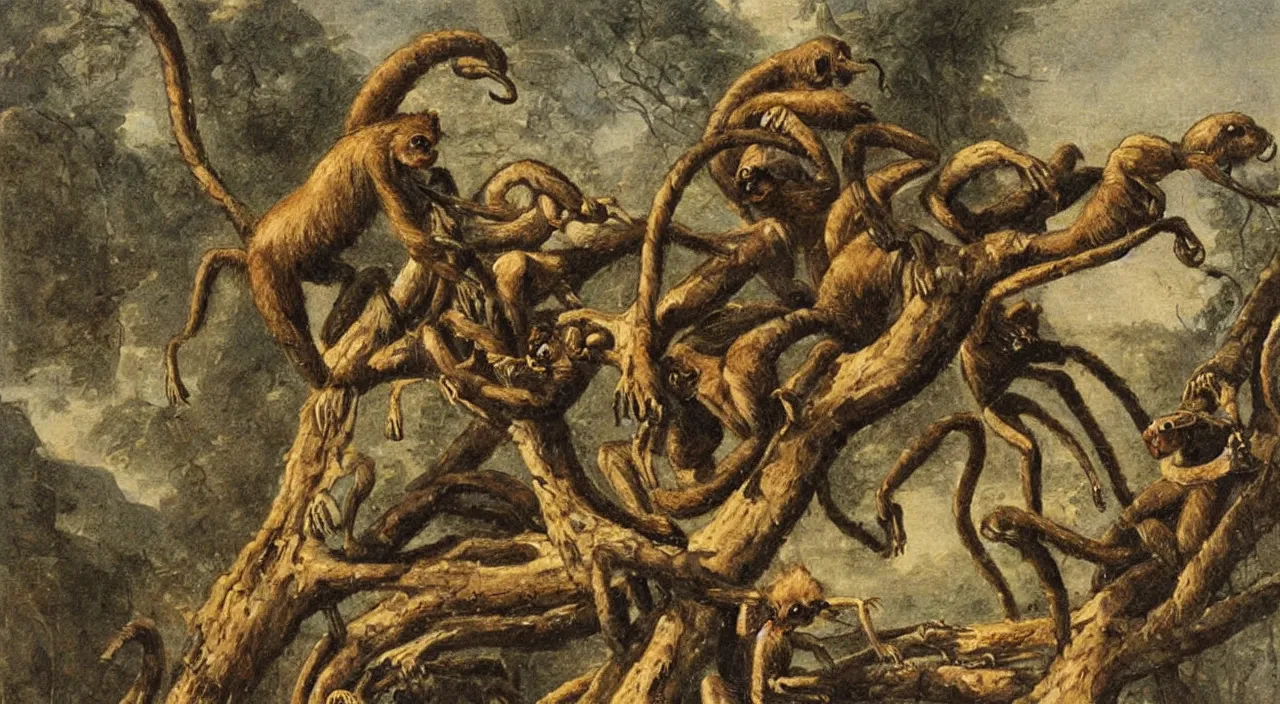 Image similar to a giant ant of monkeys, by most renowned artist of the romanticism, hiperrealism,