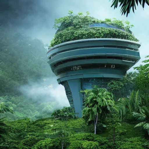 Image similar to extreme wide shot a futuristic containment building in a rainforest valley with a city in the distance, national geographic, hyper realistic, 4 k, harsh light, artstation