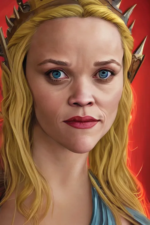 Image similar to A fantasy comic book style portrait painting of, hybrid of Reese Witherspoon, Rachel McAdams, as an Atlantean, Reptilian Warrior, Mystical Valkyrie, Armor, Sword, Spear, Sheild, François Boucher, Oil Painting, unreal 5, DAZ, hype realistic, octane render, Regal, Refined, Coherent, Detailed Digital Art, RPG portrait, William-Adolphe Bouguereau, Michael Cheval, Walt Disney (1937), Steampunk, golden dappled lighting, dynamic lighting, Highly Detailed, Cinematic Lighting, Unreal Engine, 8k, HD