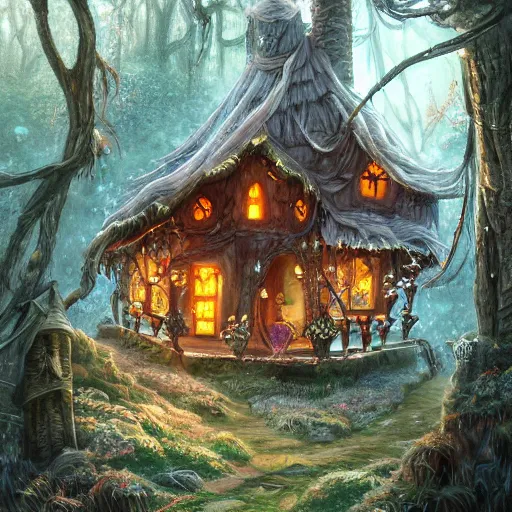 Image similar to a storybook illustration of a ramshackle multistory fairytale hut in the forest, intricate, elegant, fantasy, highly detailed, digital painting, concept art, sharp focus, trending on artstation