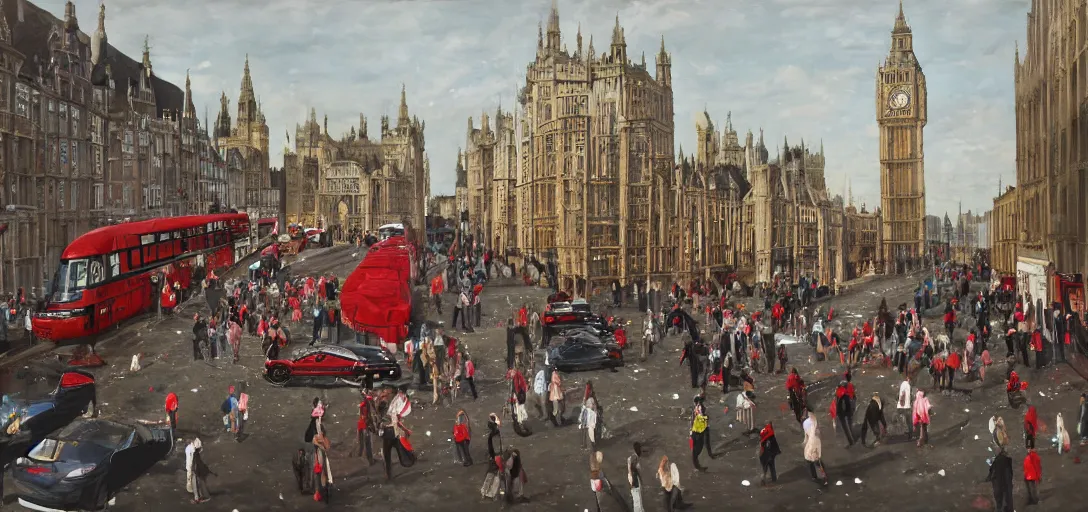 Image similar to A British European City with cars and people roaming inside of the city, certain aspects of the background are lens blurred, splatters of red on the border of the image, some of the people are even painted red, black and white photograph painting, real life, realistic, hyperrealistic, very realistic, photo photograph, photo, photograph, painting, oil painting, ultra realistic, very detailed, extremely detailed, highly detailed, HD Quality, 4k resolution, 8k resolution, trending on artstation, in the style of an Album Cover, cool, epic, nostalgic, intricate details