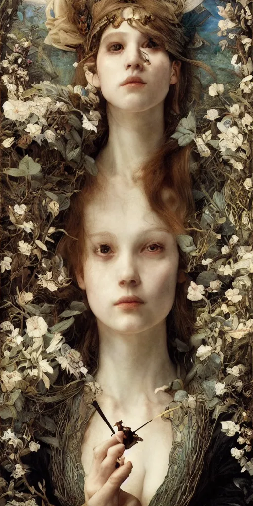 Prompt: masterpiece alice in wonderland, masterpiece by Edgar Maxence and Ross Tran and Michael Whelan and Caravaggio artistic, intricate drawing, realistic fantasy, extremely detailed and beautiful aesthetic celtic face, establishing shot, 8k resolution, dramatic lighting,