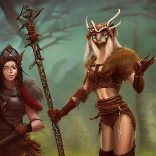 Prompt: tiefling female with angel wings stands with her spear, her young owlbear companion by her side, slight smile, D&D, HD, HDR, Highly detailed, pathfinder,