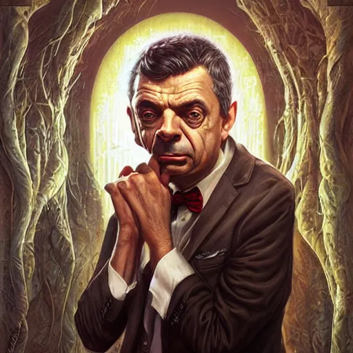 Image similar to lovecraft biopunk portrait of rowan sebastian atkinson by tomasz alen kopera and peter mohrbacher