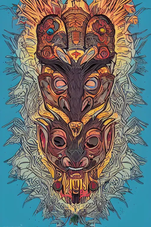 Image similar to animal mask totem roots flower tribal feather gemstone plant wood rock shaman vodoo video game vector cutout illustration vivid multicolor borderlands comics by josan gonzales and dan mumford radiating a glowing aura