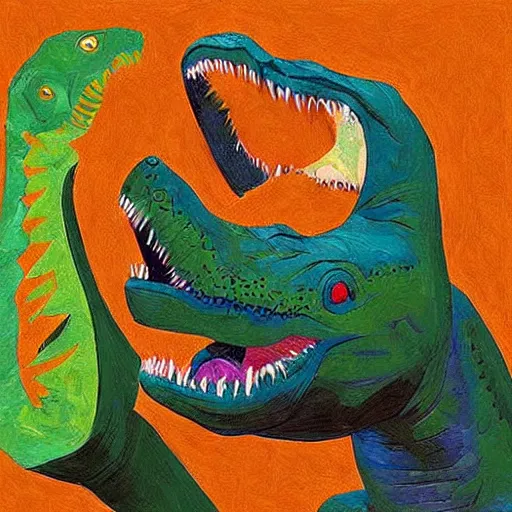 Prompt: “dinosaur singing karaoke detailed trex happy podcast national geographic figure dramatic lighting proportional symmetrical minimalism Edward Cooper Matisse digital art oil painting”