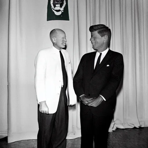 Image similar to b / w photo of jfk, no hair, bald, next to nikita kruschev