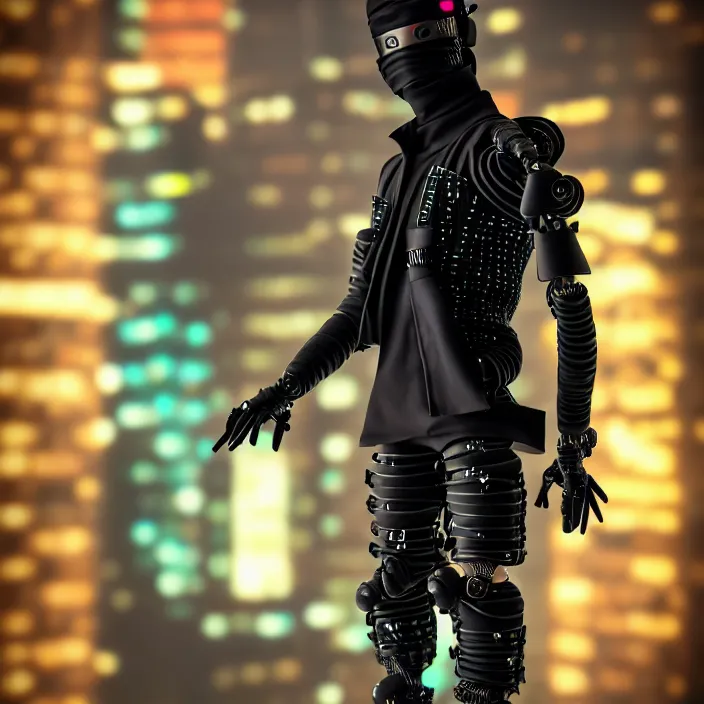 Image similar to full body photograph of a cyberpunk ninja, extremely detailed. dslr. 8 5 mm.