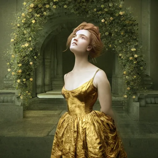 Image similar to 8 k, octane render, realism, tonalism, renaissance, rococo, baroque, portrait of a young lady wearing long manga dress with flowers and ivy, background chaotic gold leaf flowers