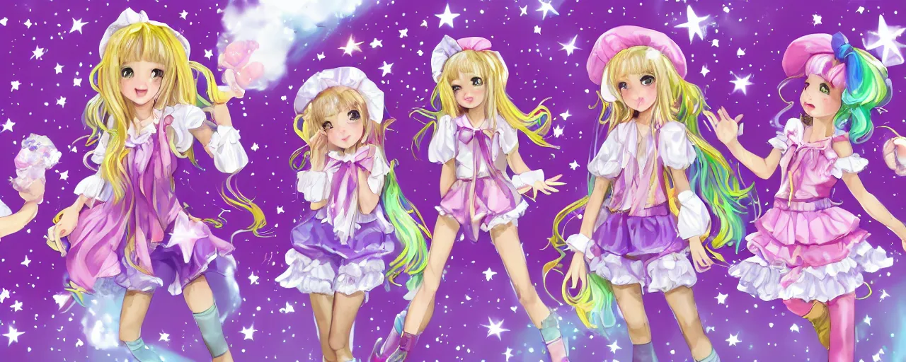 Image similar to A character sheet of full body cute magical girls with short blond hair wearing an oversized purple Beret, Purple overall shorts, Short Puffy pants made of silk, pointy jester shoes, a big billowy scarf, and white leggings. Rainbow accessories all over. Flowing fabric. Ruffles and Bows. Petticoat. Covered in stars. Short Hair. Art by Johannes Helgeson and william-adolphe bouguereau and Paul Delaroche and Alexandre Cabanel and Lawrence Alma-Tadema and WLOP and Artgerm and Shoichi Aoki. Fashion Photography. Decora Fashion. harajuku street fashion. Kawaii Design. Intricate, elegant, Highly Detailed. Smooth, Sharp Focus, Illustration Photo real. realistic. Hyper Realistic. Sunlit. Moonlight. Dreamlike. Fantasy Concept Art. Surrounded by clouds. 4K. UHD. Denoise.