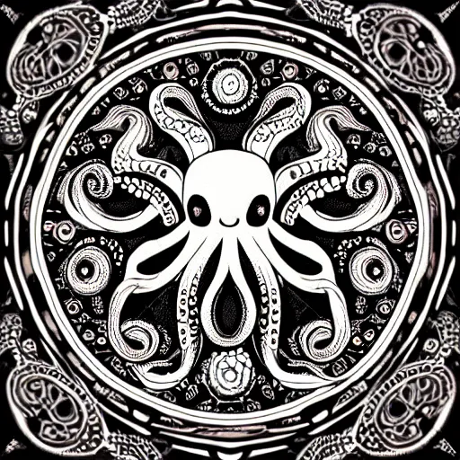 Image similar to a cute octopus in a intricate and ornate mandala with fine details