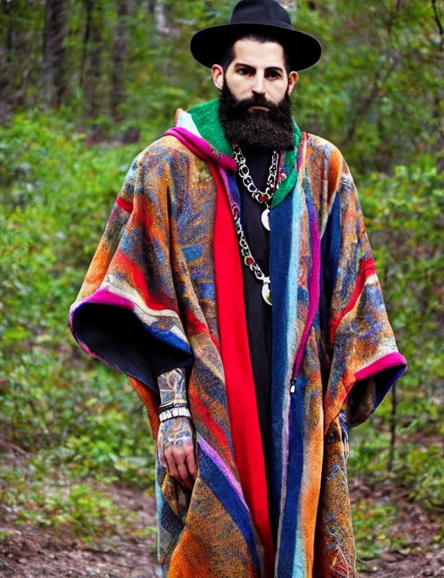 Prompt: longshot full modern detailed colorful cool handsewn textile cloak huge sleeves african american full beard shaved head nature creek river stream stones in the woods marc jacobs gucci robes chains necklace