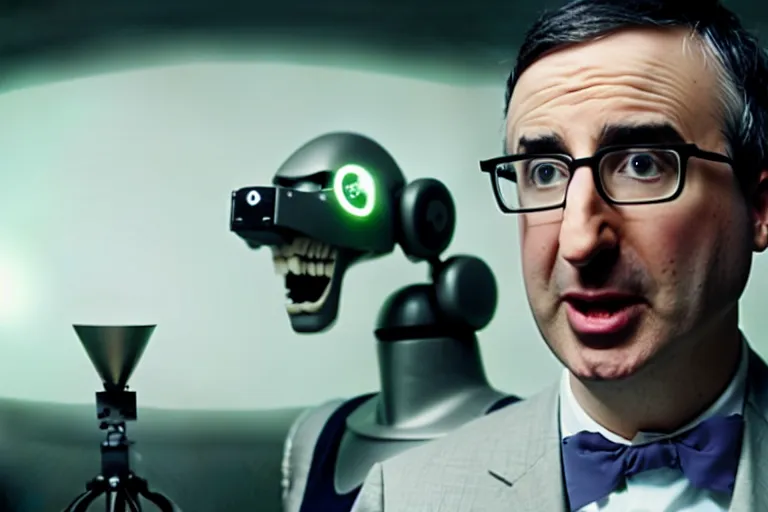 Image similar to vfx film closeup, john oliver interviewing a robot, flat color profile low - key lighting award winning photography arri alexa cinematography, hyper real photorealistic cinematic, atmospheric cool colorgrade