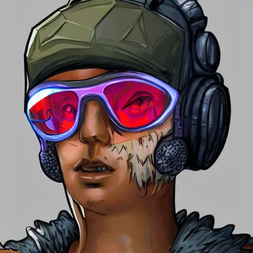 Prompt: in the style of ghostshrimp and bubbltek a highly detailed character concept illustration of a young mixed race male explorer wearing a cyberpunk headpiece