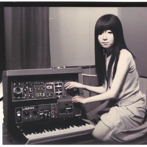 Image similar to 1 9 7 0 s polaroid of a female japanese musician playing a vintage modular synthesizer, hazy, faded