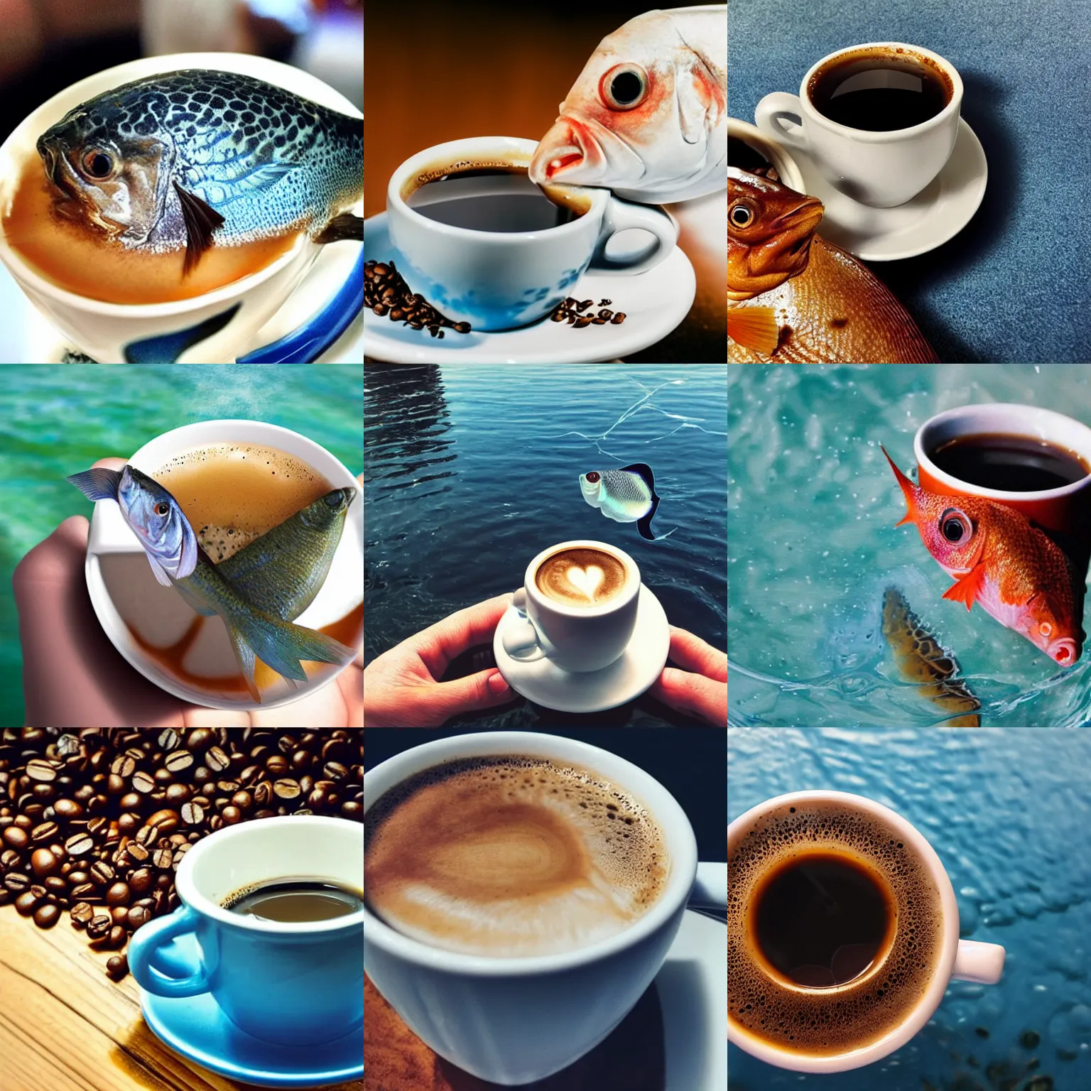 Prompt: a real fish is drinking from a cup of coffee