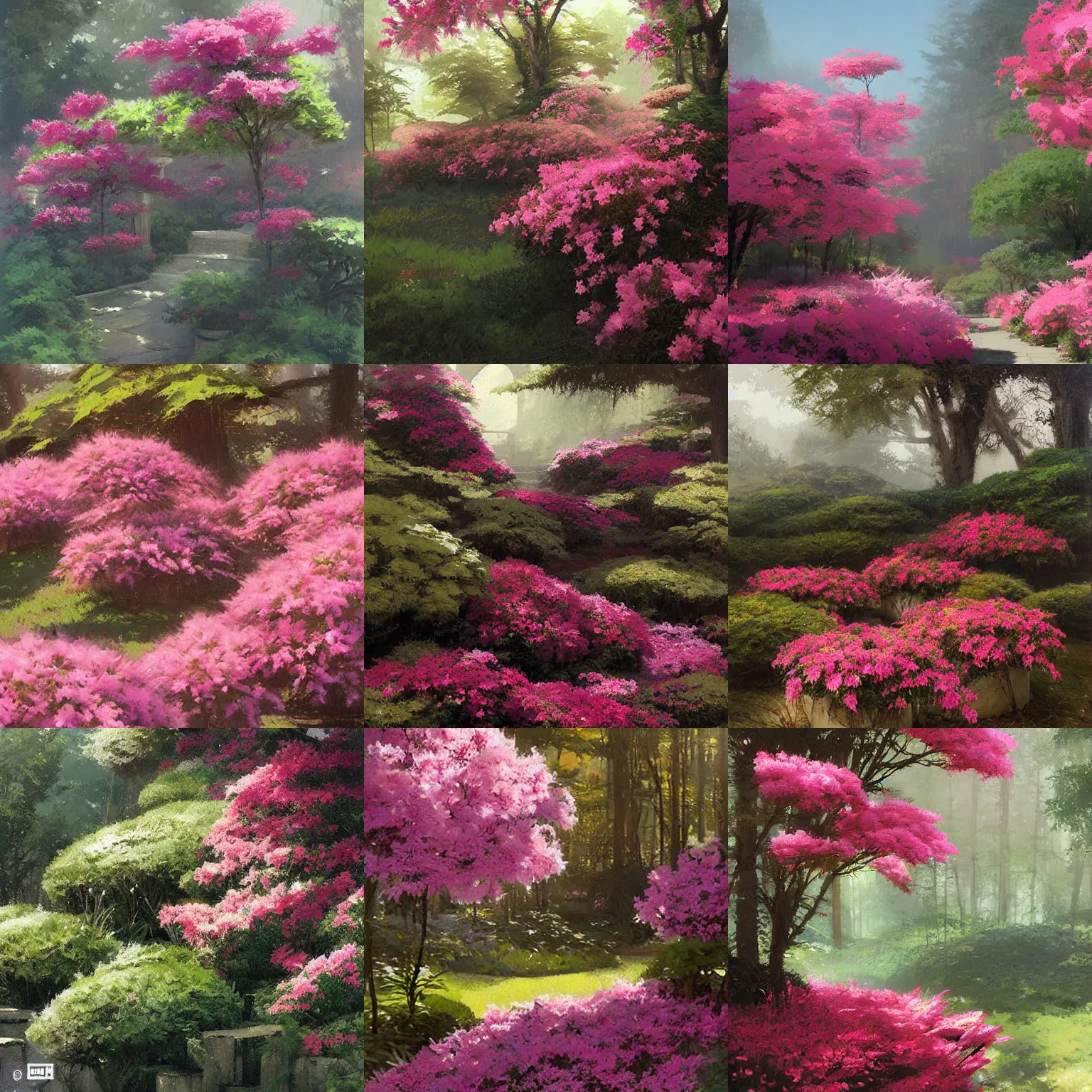 Prompt: azaleas by greg rutkowski and james gurney.