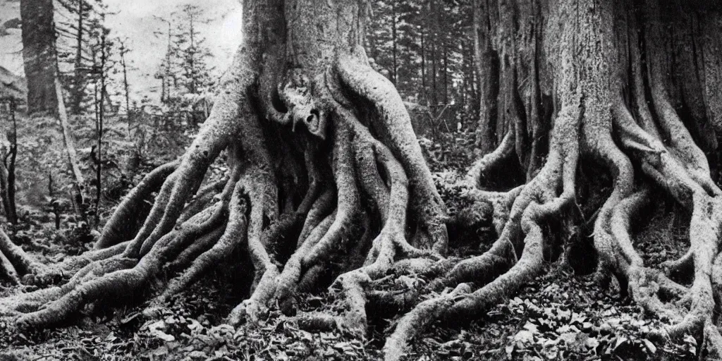 Prompt: 1 9 2 0 s photography of monster root creatures creeping and lurking in dark forest in the dolomites