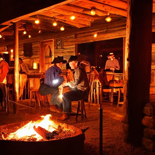 Image similar to cowboy western tavern at night, well lit, campfire