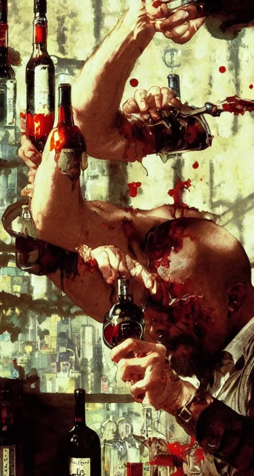 Image similar to close up of bloodied max payne pouring vodka, sun shining, photo realistic illustration by greg rutkowski, thomas kindkade, alphonse mucha, loish, norman rockwell.