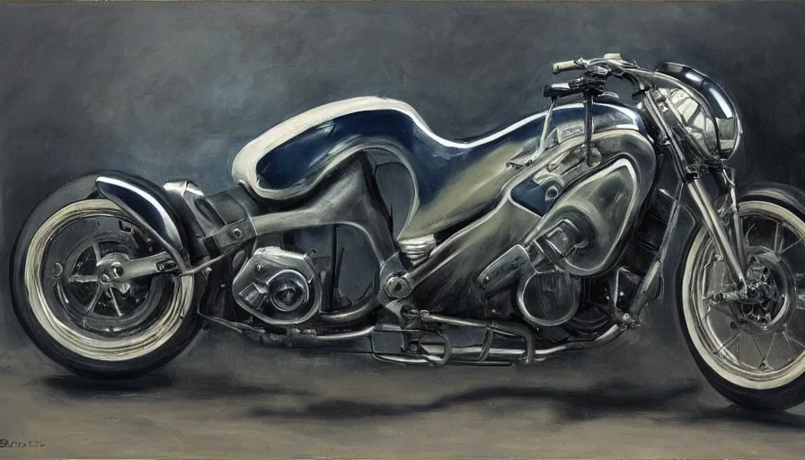 Image similar to painting by borremans, motorbike from tron movie in front of the mirror, detailed, stunning