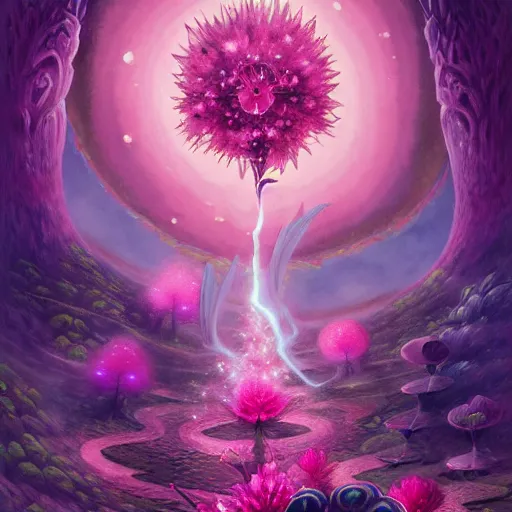 Image similar to magic the gathering lorwyn elemental, pink, flower blossoms, stars, night sky, hyper detailed, kawaii, by jacek yerka, lewandowski, hopper and gilleard, ryden, wolfgang lettl, hints of yayoi kasuma