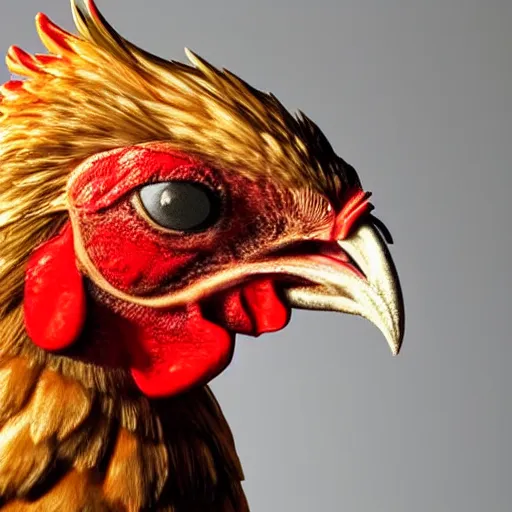 Image similar to a closeup shot of a chicken wearing a suit, photorealistic