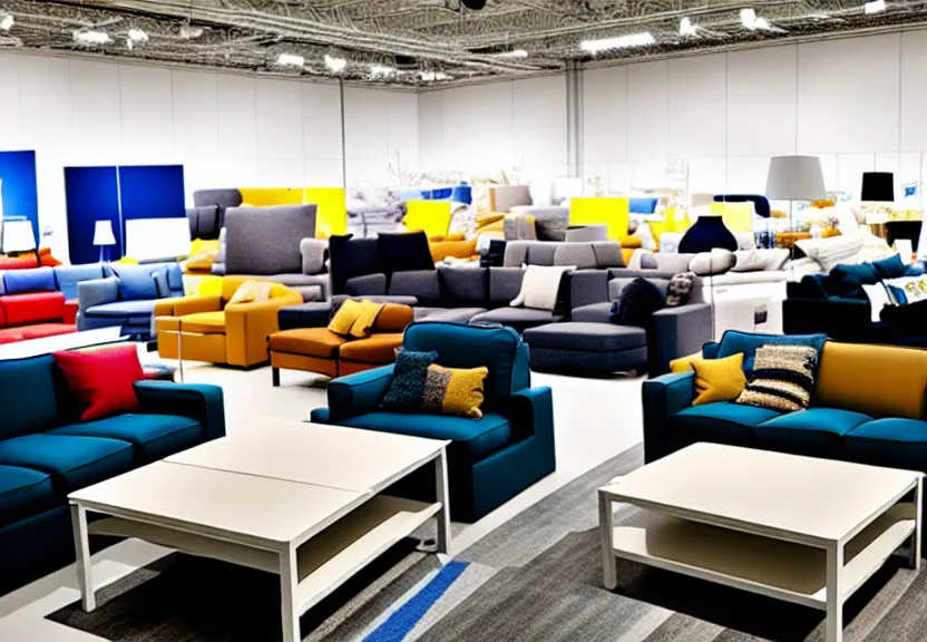 Prompt: a photograph of an ikea showroom, with couches designed by picasso