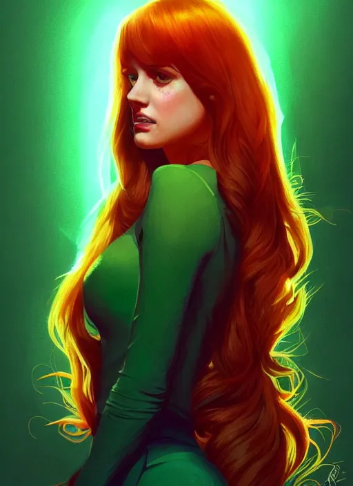 Image similar to full body portrait of teenage cheryl blossom, bangs, green eyes, mischievous expression, red hair, sultry smirk, bangs and wavy hair, intricate, elegant, glowing lights, highly detailed, digital painting, artstation, concept art, smooth, sharp focus, illustration, art by wlop, mars ravelo and greg rutkowski