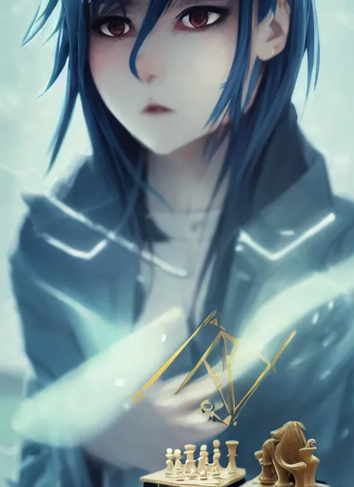 Prompt: rimuru playing chess, with golden eyes, straight sky blue hair, long bangs, black jacket, high collar, concept art, award winning photography, digital painting, cinematic, by wlop, anime key visual, wlop, 8 k, by ross tran, chengwei pan, paul kwon,