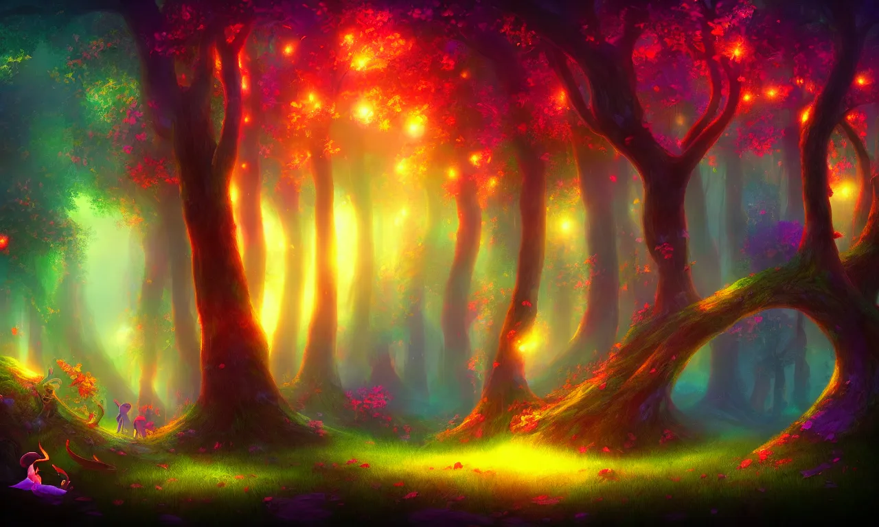 Image similar to enchanted magical forest on magical colorful fire , digital painting , digital art , artstation , devian art , 4k , HD