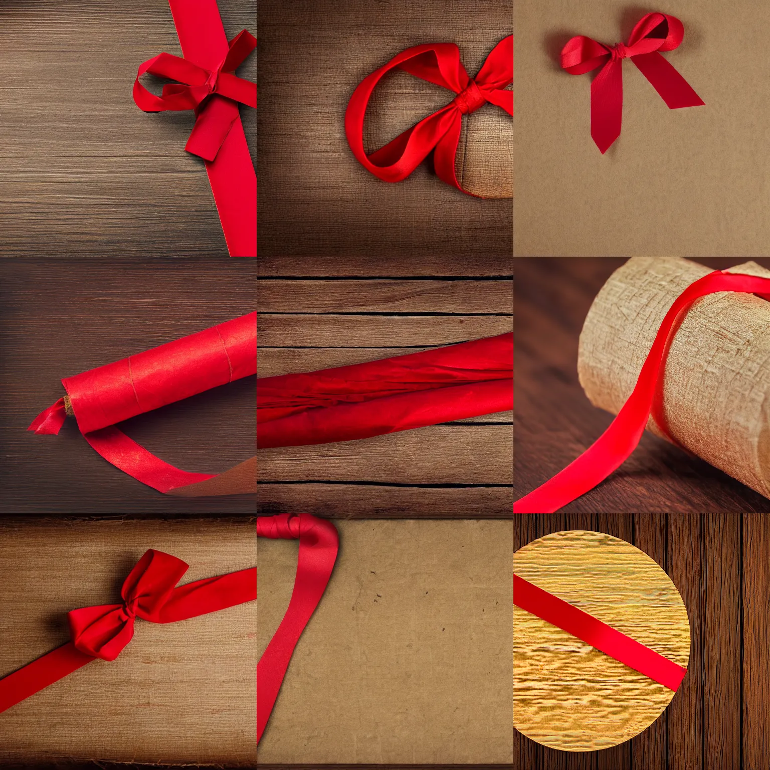 Prompt: a rolled up, weathered papyrus scroll with a red ribbon wrapped around the center, sitting on a wooden table. highly detailed, high res, 8 k, photorealistic