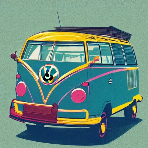 Image similar to illustration of an old van volkswagen, may 6 8, pastel colors, cool, hippie by victo ngai