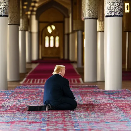 Prompt: Trump praying in mosque, award winning cinematic photography, 50 mm, blurred background, perfect faces
