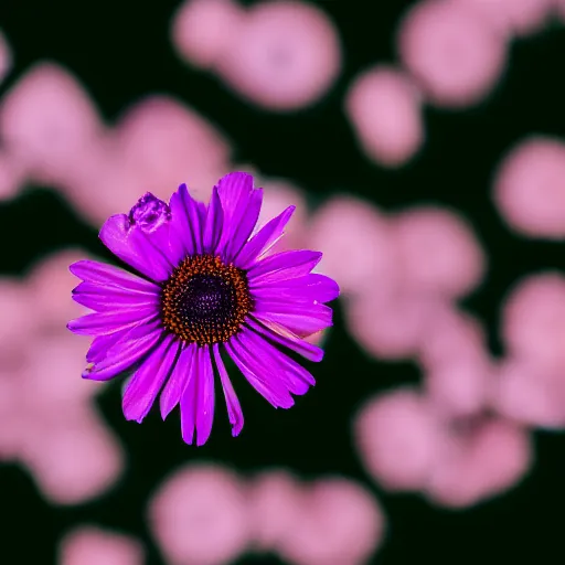 Image similar to closeup photo of single purple camomile's petal flying above a soviet city, aerial view, shallow depth of field, cinematic, 8 0 mm, f 1. 8
