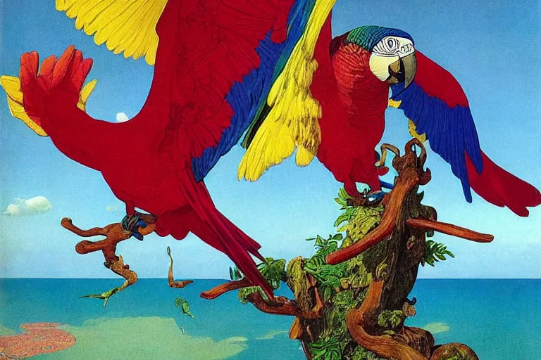 Image similar to colourful parrot flying over a tropical island, fluid, smooth, bright, colours, high contrast, sharpness, very detailed, intricate, by dali, magritte, edvard munch, da vinci, donato giancola, richard corben, zdzisław beksinski, moebius, francis bacon, studio ghibli, mucha and studio disney