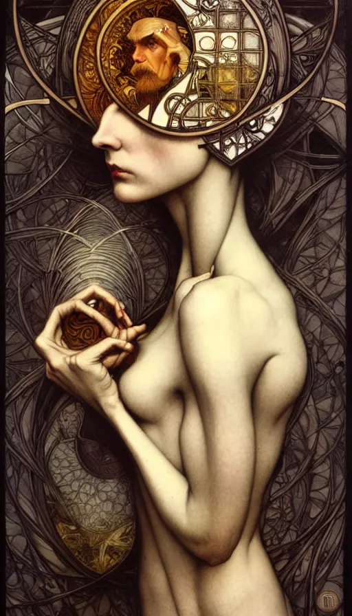 Image similar to M. C. Escher looking puzzled painted by tom bagshaw, mobius, mucha M. C. Escher, gold paint, ink, gnarly details