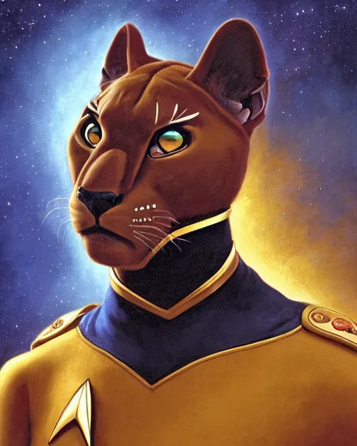 Image similar to painting of anthromorphic male panther in starfleet uniform, star trek, zootopia, fursona, furaffinity, 4 k, deviantart, furry art, very expressive detailed face, gaston bussiere, craig mullins, jc leyendecker, gustav klimt, artgerm, greg rutkowski, alphonse mucha