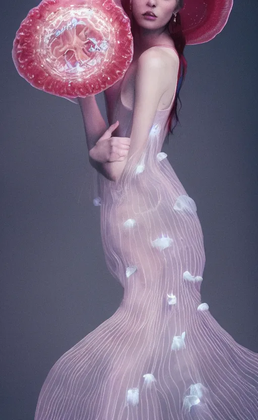 Image similar to Fashion photography of a woman wearing a Gucci dress inspired by a jellyfish, artistic photography, insanely detailed, chiaroscuro, cinestill 800t, Vogue magazine