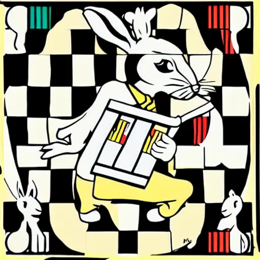 Image similar to a rabbit playing chess in the style of roy lichtenstein