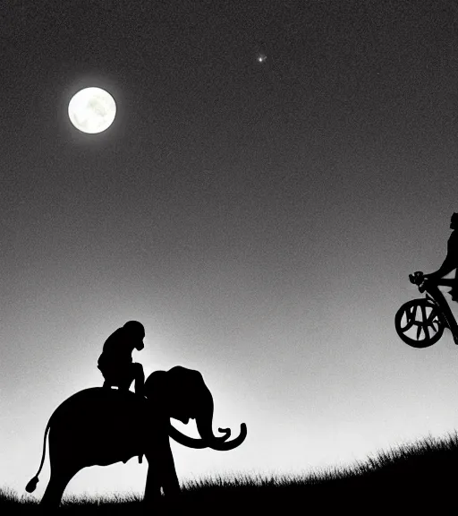 Image similar to elephant riding a flying bike across the full moon as silhouette, from the movie e. t. the extra terrestrial, with dark trees in foreground, cinematic frame by steven spielberg, hd