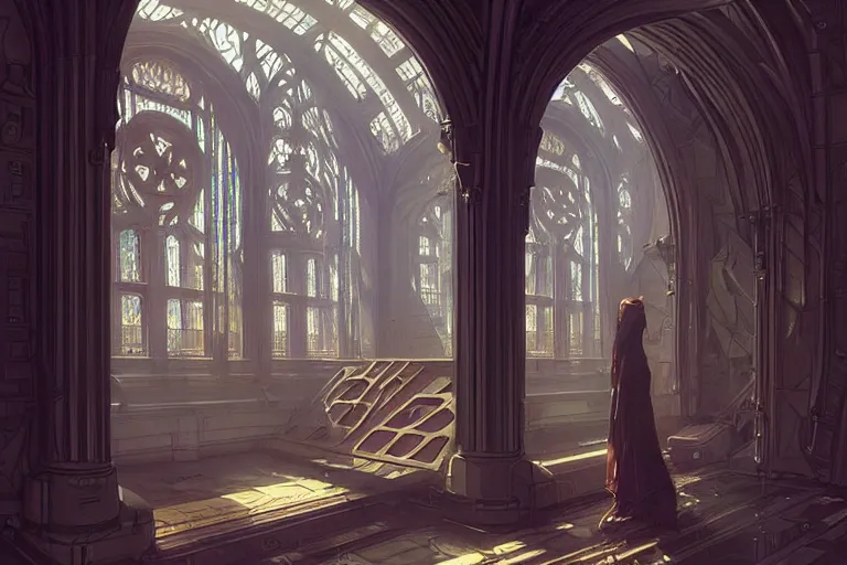 Image similar to a cybernetic room, scifi religious giant window, symmetrical, center punched, Archviz, elegant, intricate, digital painting, artstation, concept art, smooth, sharp focus, illustration, art by artgerm and greg rutkowski and alphonse mucha