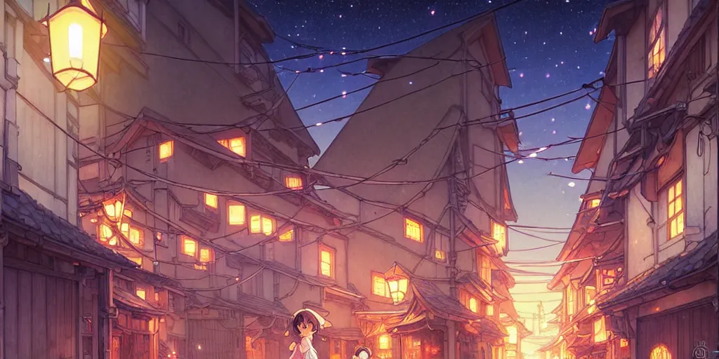 Image similar to the girl and the alley. anime visual of a cozy village, late in the evening, clear night sky. by hayao miyazaki and rossdraws and artgerm and greg rutkowski and alphonse mucha. anime production by studio ghibli. high quality, stunning, intricate detailed environment. 8 k