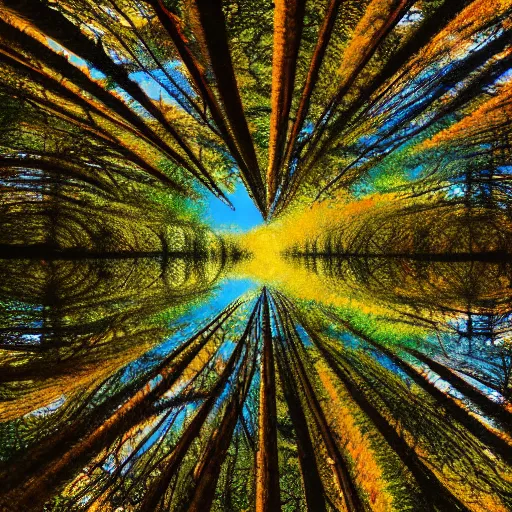 Image similar to looking up at the tops of trees in a forest, an ultrafine detailed painting by jon coffelt and benoit b. mandelbrot, shutterstock contest winner, generative art, multiple exposure, fisheye lens, high dynamic range